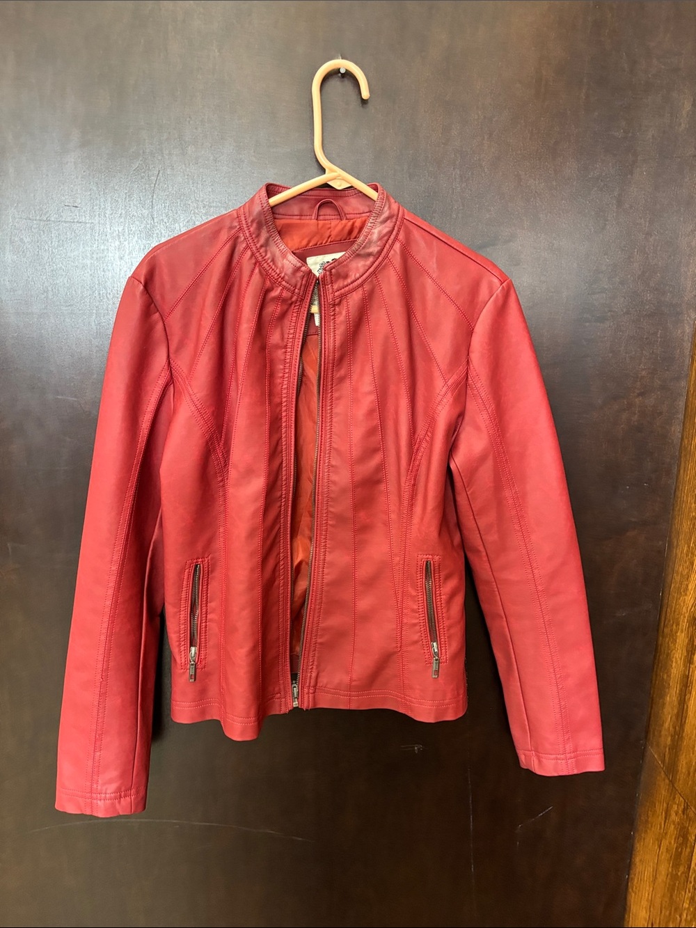 Red Leather Zip Jacket - Women's Sleek Moto Style